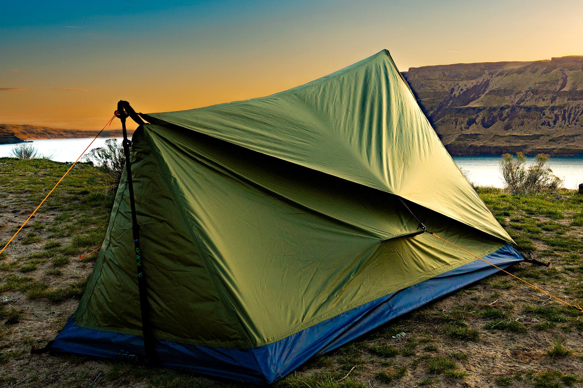 Trekker Tent 2V, olive green 2-person backpacking tent with blue floor by River Country Gear on Tampa Home & Garden Store