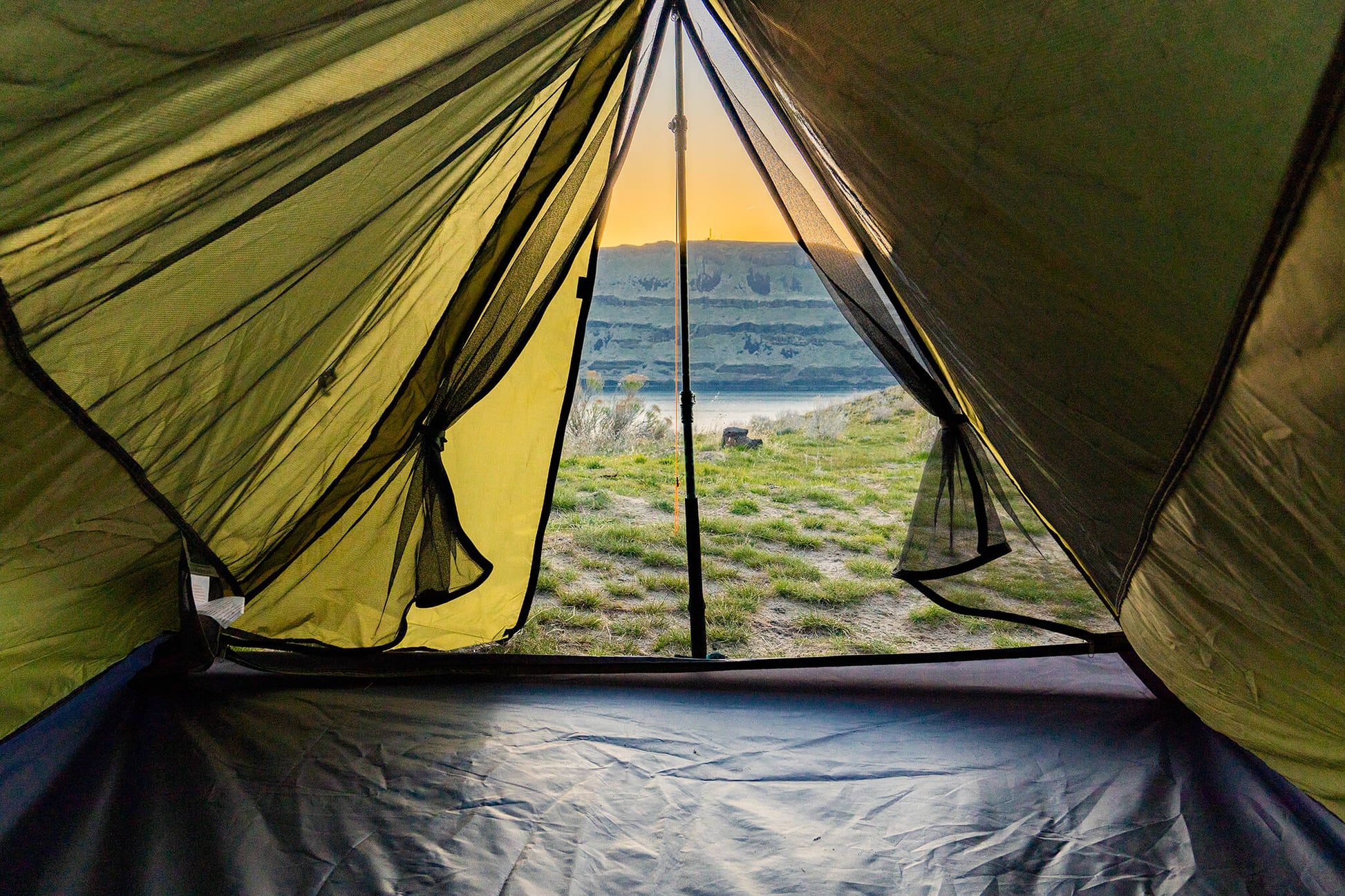 Trekker Tent 2V 2-Person Backpacking Tent interior in yellow-green, center pole, River Country Gear on Tampa Home & Garden Store
