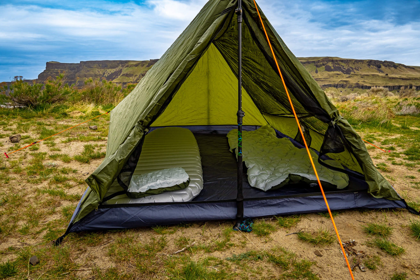 River Country Gear Trekker Tent 2.2, green 2-person backpacking tent with two sleeping pads on Tampa Home & Garden Store