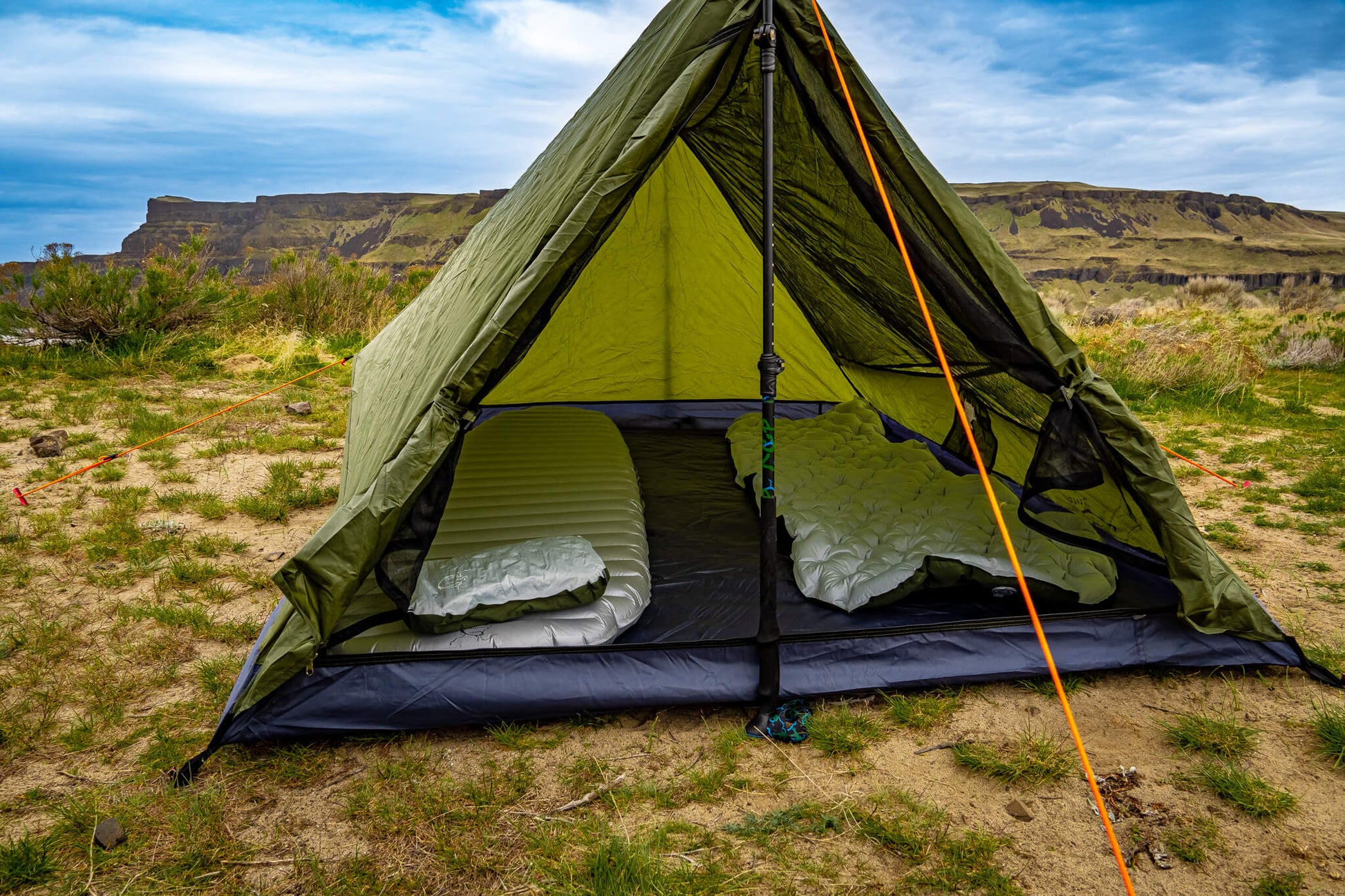 River Country Gear Trekker Tent 2.2, green 2-person backpacking tent with two sleeping pads on Tampa Home & Garden Store