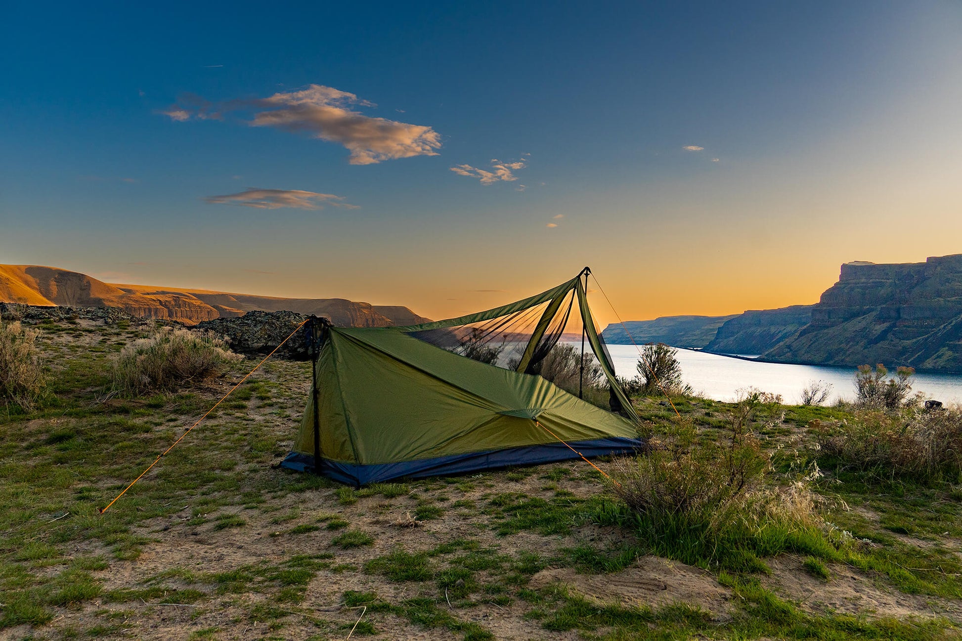 Trekker Tent 2V 2-Person Backpacking Tent, olive-green with blue floor, desert sunset on Tampa Home & Garden Store