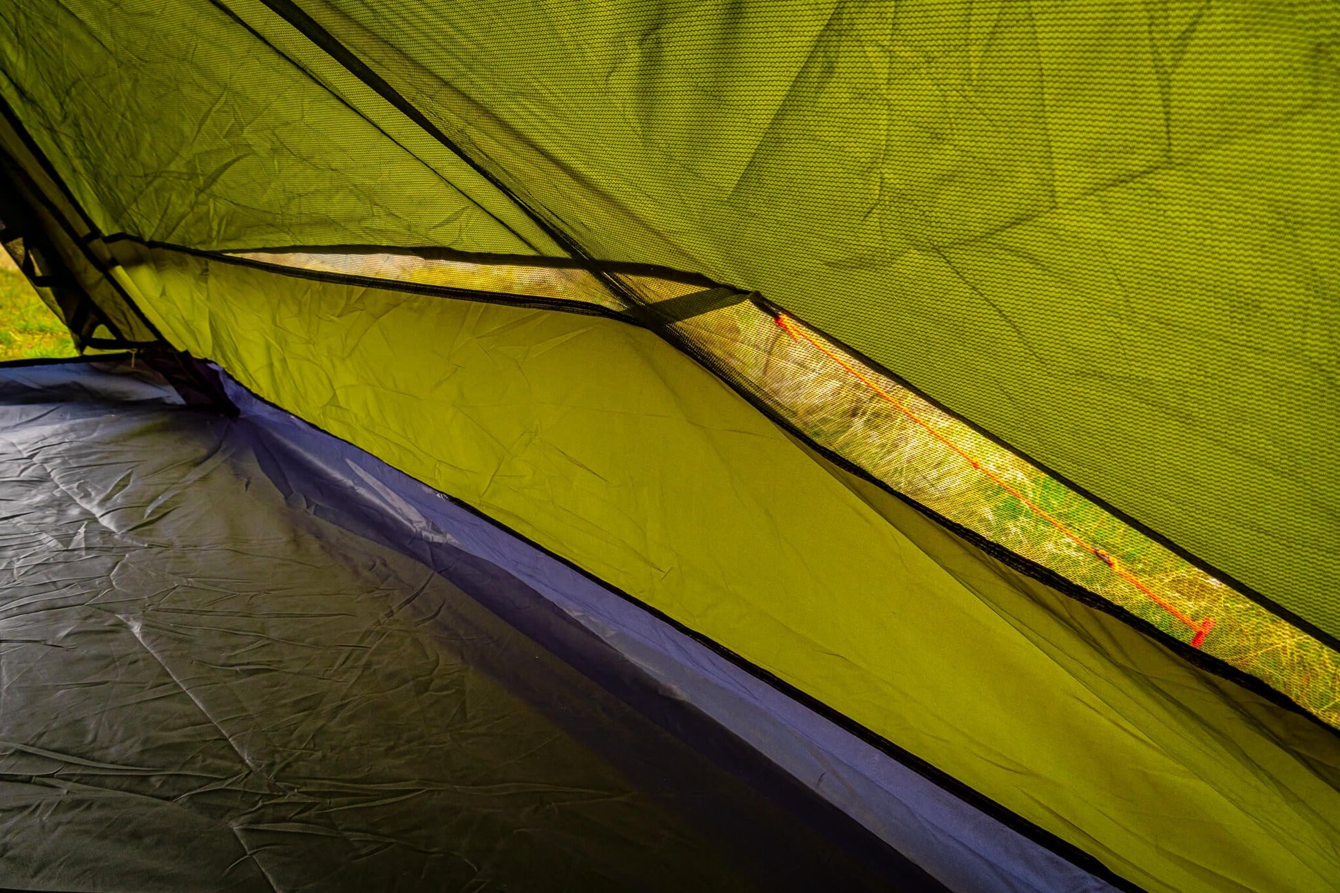 Trekker Tent 2.2 2-Person by River Country Gear; lime mesh, yellow floor, zipper seam on Tampa Home & Garden Store