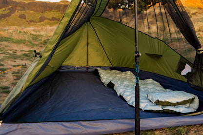 Trekker Tent 2V River Country Gear olive-green 2-person backpacking tent with pads on Tampa Home & Garden Store
