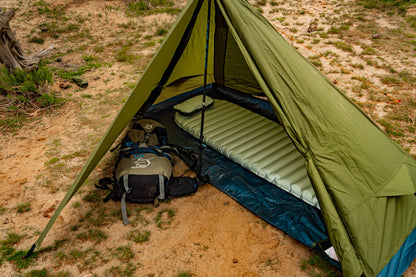 Trekker Tent 1 by River Country Gear olive 1-person backpacking tent with sleeping pad and pack on Tampa Home & Garden Store