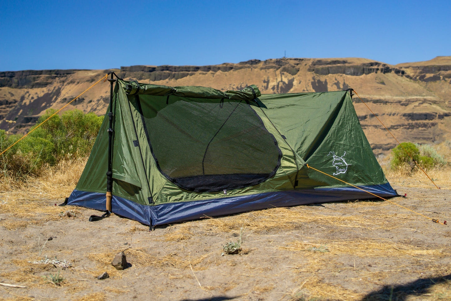 Trekker Tent 1A by River Country Gear, olive green 1-person backpacking tent with blue floor on Tampa Home & Garden Store