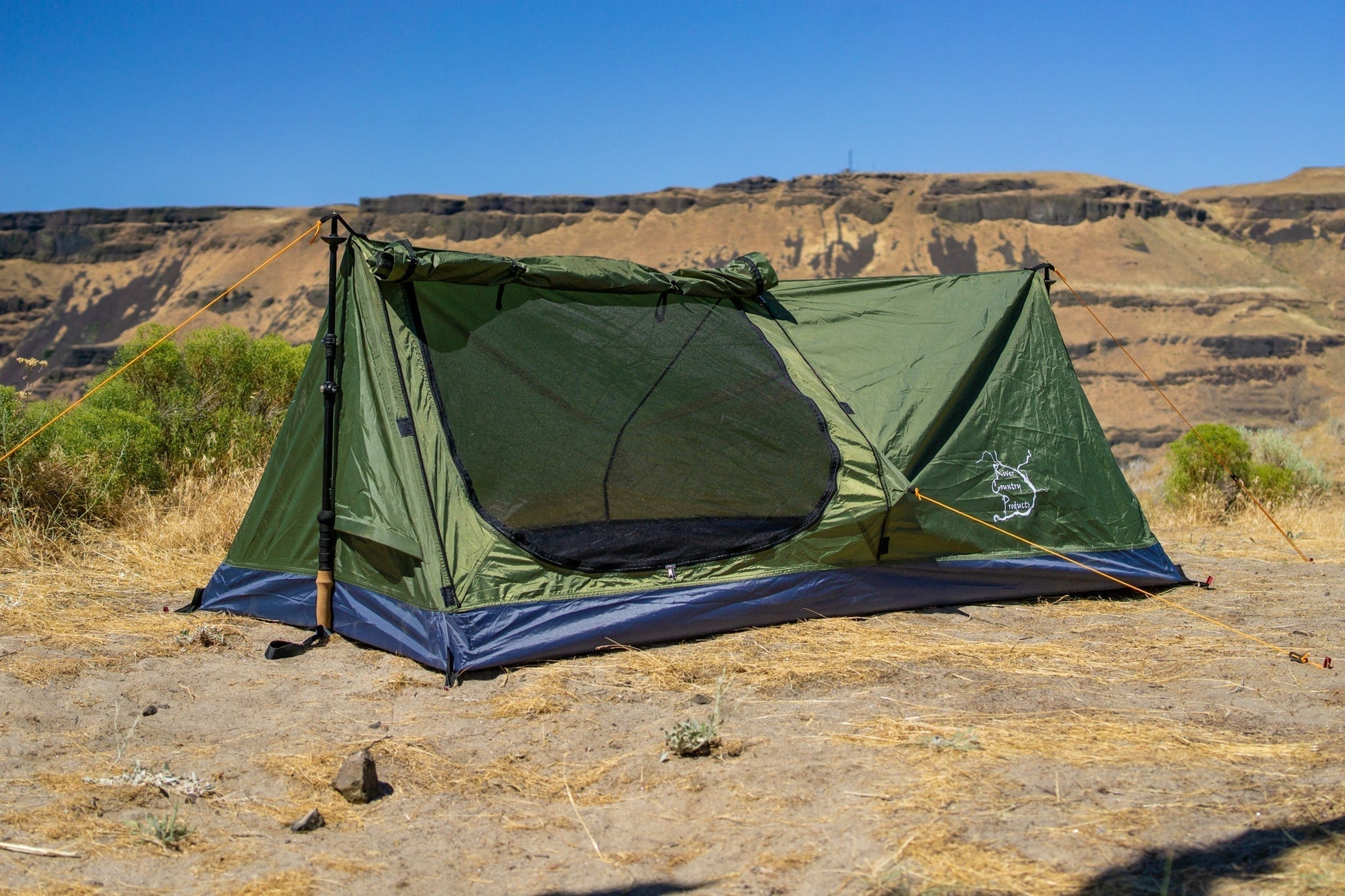 Trekker Tent 1A by River Country Gear, olive green 1-person backpacking tent with blue floor on Tampa Home & Garden Store