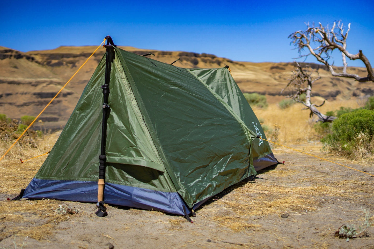 Trekker Tent 1A green 1-person backpacking tent pitched in desert with orange guy lines on Tampa Home & Garden Store