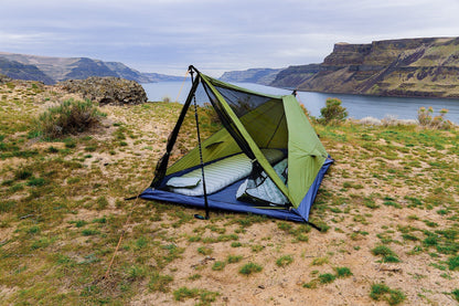 Trekker Tent 2V by River Country Gear, green 2-person backpacking tent with mesh door on Tampa Home & Garden Store