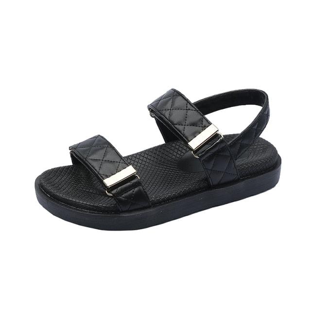 Stevvex black quilted two-strap sandal with gold buckles and thick sole on Tampa Home & Garden Store