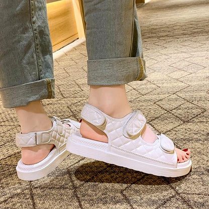 Stevvex white quilted flat sandals with thick sole and Velcro ankle straps on Tampa Home & Garden Store