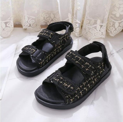 Stevvex black embroidered sandals pair with two Velcro straps and thick sole on Tampa Home & Garden Store