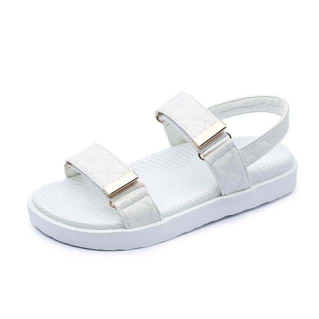 Stevvex white sandals with twin quilted straps and gold buckles, thick sole on Tampa Home & Garden Store