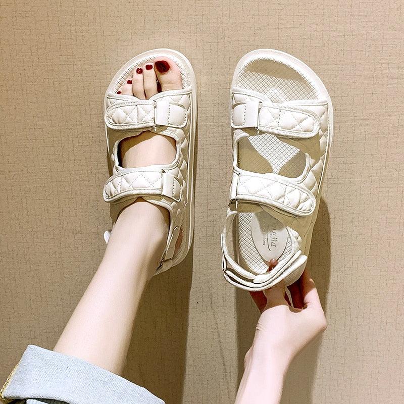 White quilted sandals pair with thick sole and Velcro straps by Stevvex on Tampa Home & Garden Store