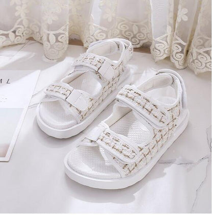 Sandals Stevvex white pair with thick sole and two Velcro straps, casual hiking style on Tampa Home & Garden Store