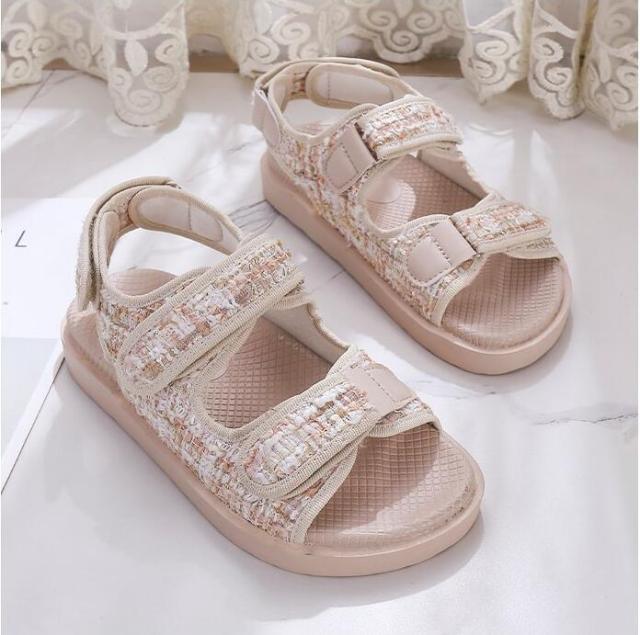 Stevvex women's beige embroidered sandals pair with thick sole and Velcro straps on Tampa Home & Garden Store