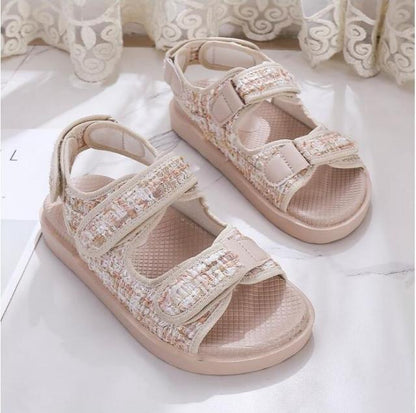 Stevvex women's beige embroidered sandals pair with thick sole and Velcro straps on Tampa Home & Garden Store