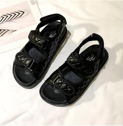 Stevvex black sandals with quilted straps, thick sole, Velcro closures, mesh footbed pair on Tampa Home & Garden Store