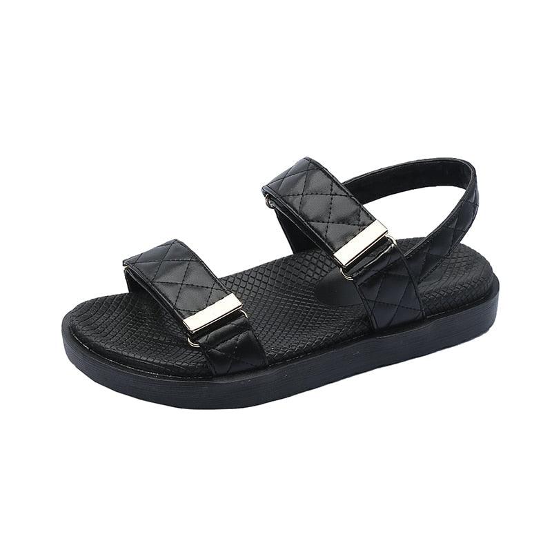 Stevvex black quilted sandals with double straps, gold buckles, and thick sole on Tampa Home & Garden Store