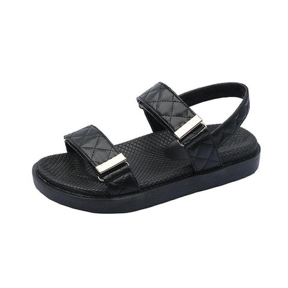 Stevvex black quilted sandals with double straps, gold buckles, and thick sole on Tampa Home & Garden Store