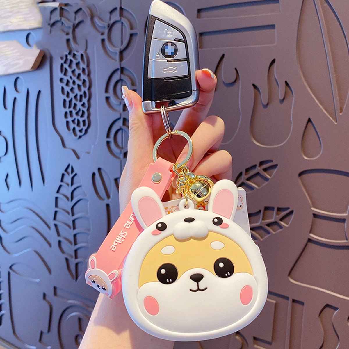 Trendy Shiba Inu Coin Pouch with Keyring by Shaketea, cute round face with bunny ears and zipper on Tampa Home & Garden Store