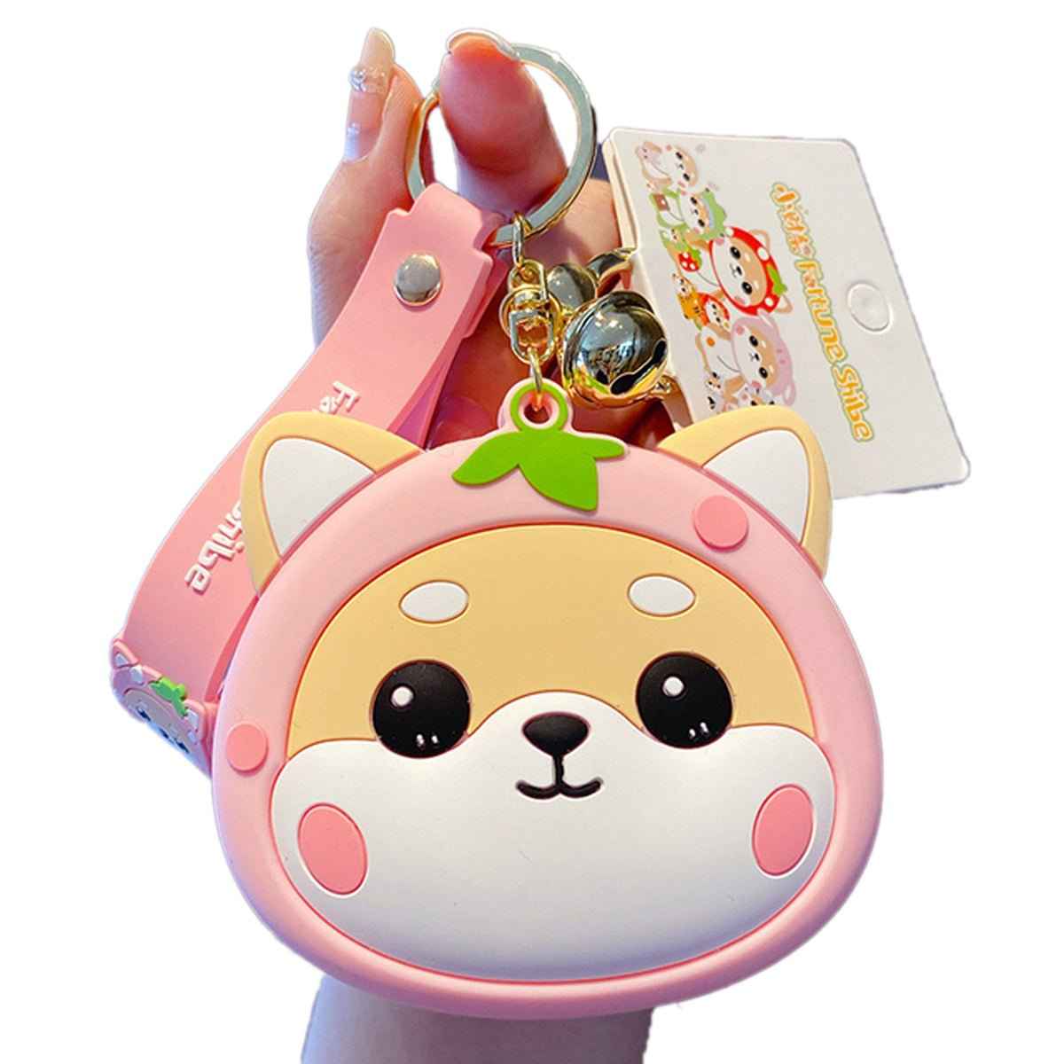 Shaketea Shiba Inu coin purse keychain, pink silicone with zipper closure and metal keyring on Tampa Home & Garden Store