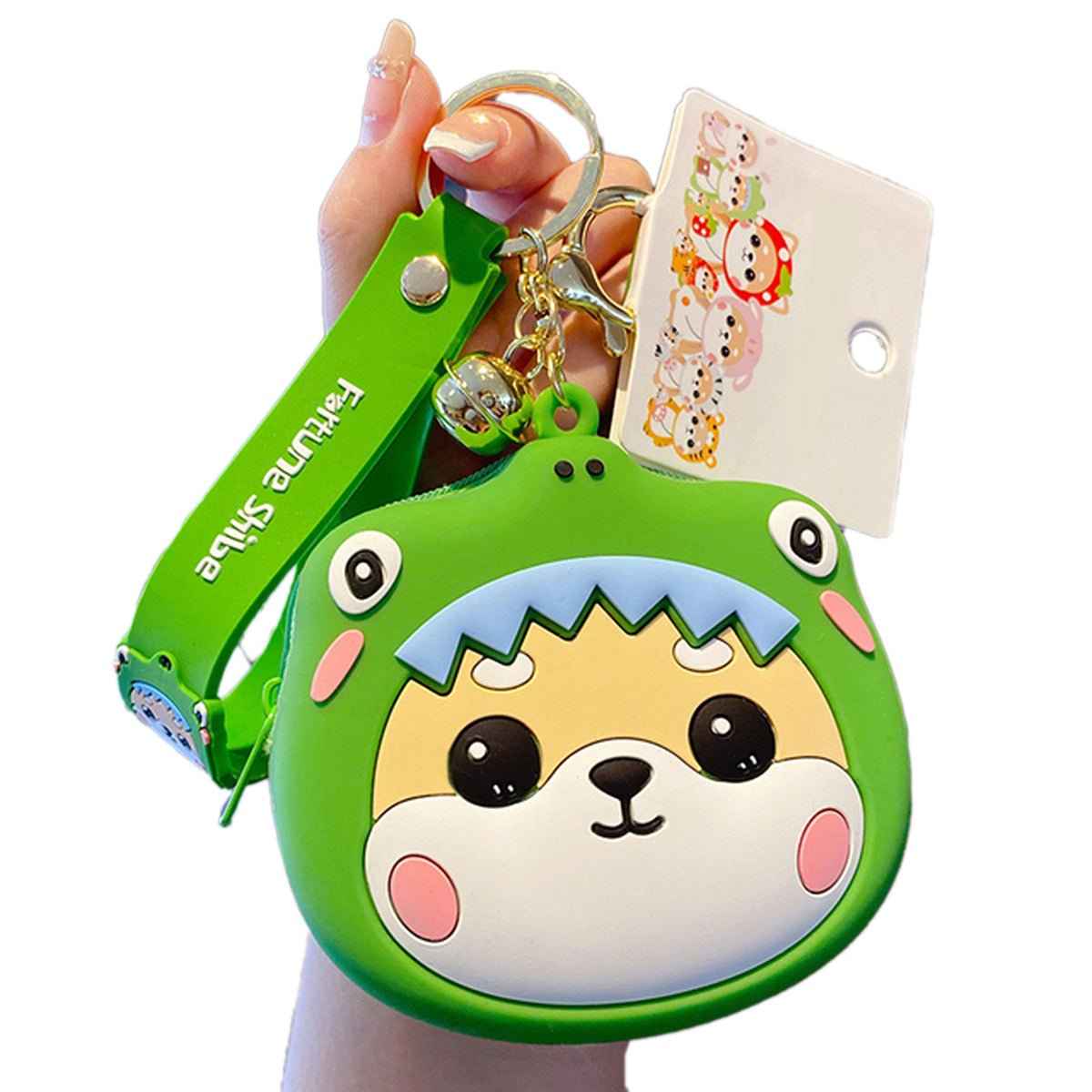 Shaketea coin purse keychain with a green dinosaur-hooded Shiba Inu face and zipper on Tampa Home & Garden Store