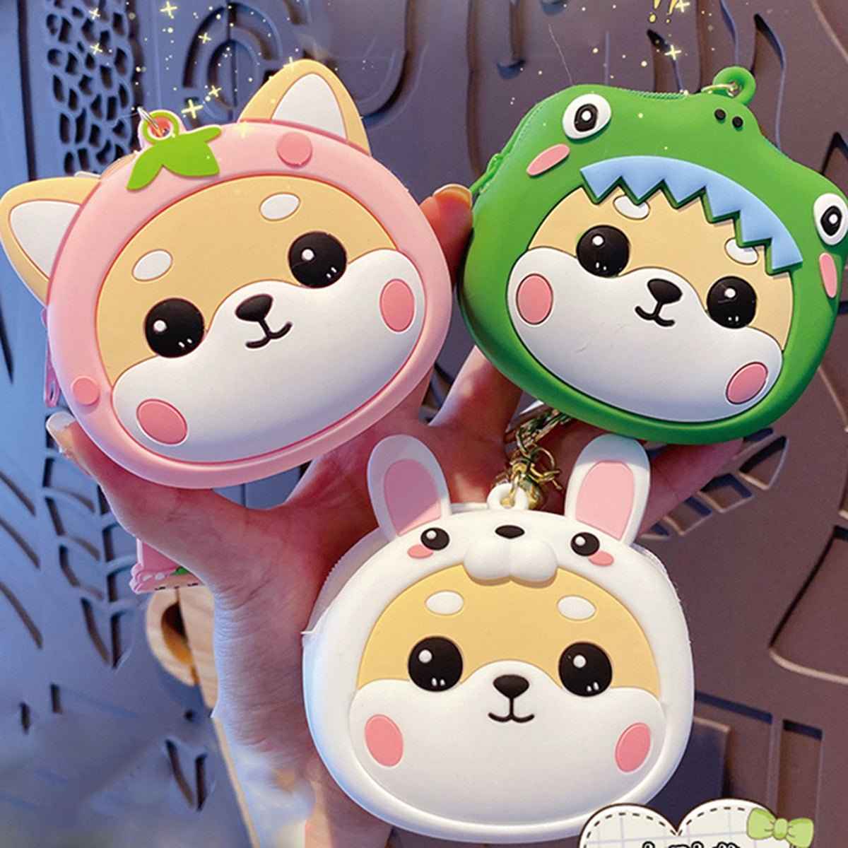 Shaketea Shiba Inu coin purses 3-pack with keyring and zipper closures pink green bunny on Tampa Home & Garden Store