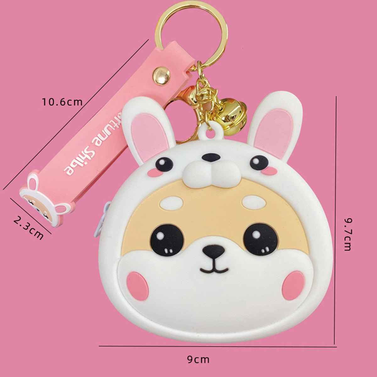 Shaketea Shiba Inu coin purse keychain with zipper, white rounded pouch, pink ears and cheeks on Tampa Home & Garden Store