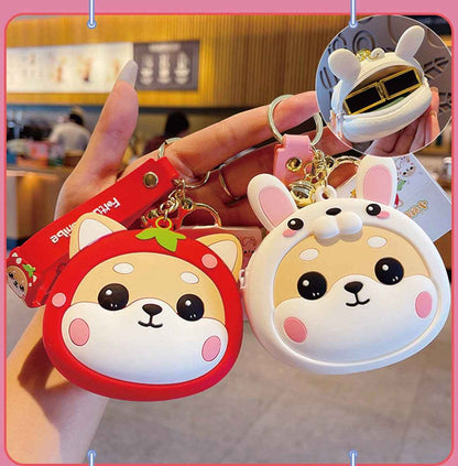 Shiba Inu coin purses keychain set, two red and white faces with zipper closure, metal keyring on Tampa Home & Garden Store