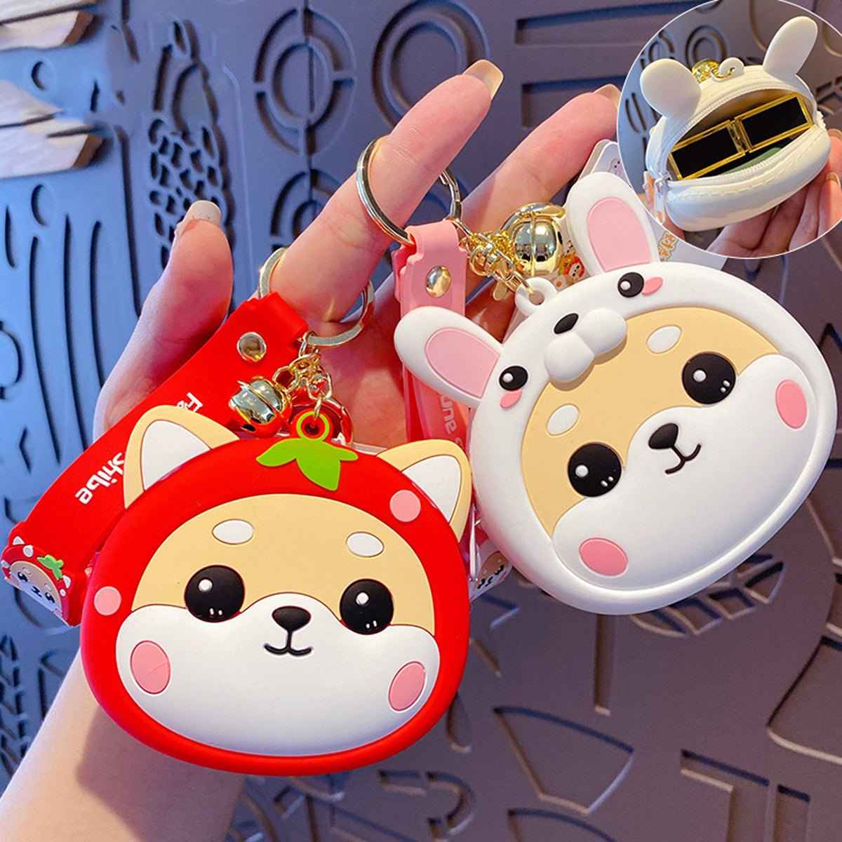 Shaketea Shiba Inu Coin Pouch keychain pair, red and white round zipper purses with keyrings on Tampa Home & Garden Store