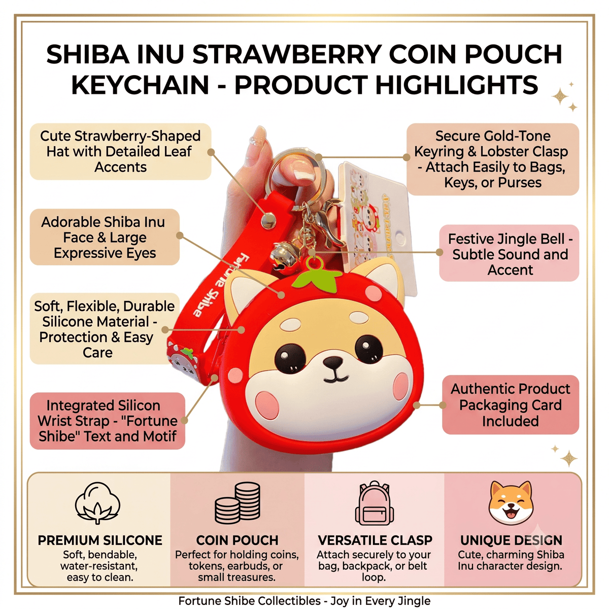 Shaketea Shiba Inu coin pouch with keyring, red face design, zipper closure on Tampa Home & Garden Store