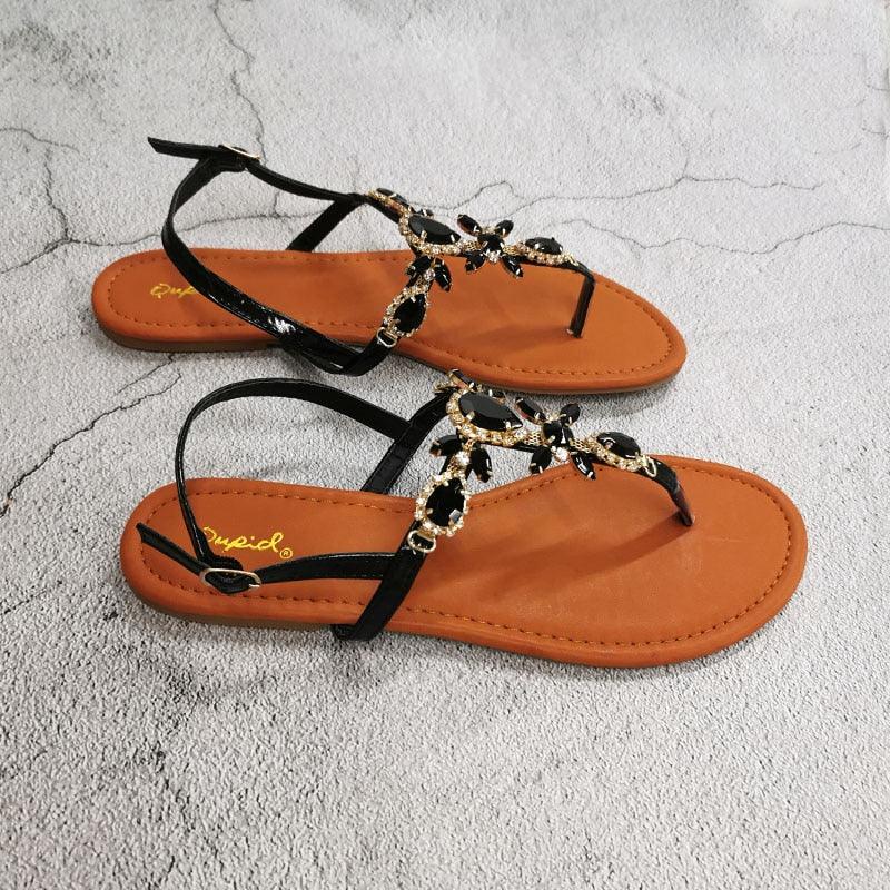 Stevvex women's crystal flat sandals black strappy open-toe with back strap orange footbed pair on Tampa Home & Garden Store