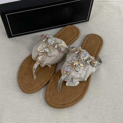 Stevvex crystal sandals with back strap, open toe, tan footbed, rhinestone strap pair on Tampa Home & Garden Store