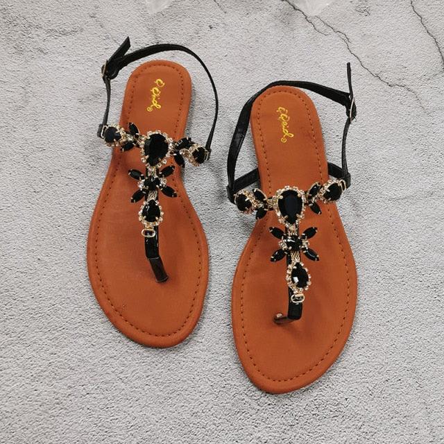 Sandals Stevvex crystal rhinestone flat sandals with back strap, black straps, tan footbed on Tampa Home & Garden Store