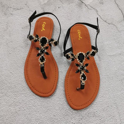 Sandals Stevvex crystal rhinestone flat sandals with back strap, black straps, tan footbed on Tampa Home & Garden Store