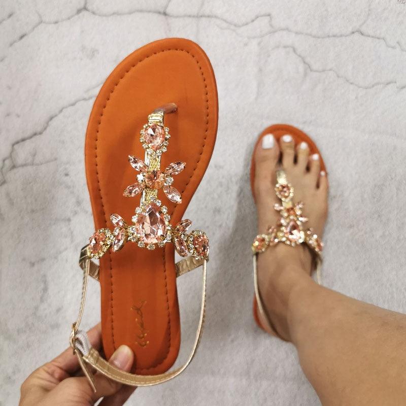 Stevvex rhinestone flat sandals with back strap, open toe, orange sole, crystal rhinestones pair on Tampa Home & Garden Store