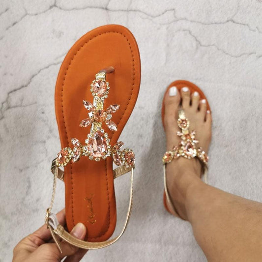 Stevvex rhinestone flat sandals with back strap, open toe, orange sole, crystal rhinestones pair on Tampa Home & Garden Store