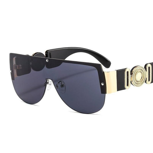 Stevvex shield sunglasses with dark gradient lenses, black frame, gold-tone ornate chain sides on Tampa Home & Garden Store