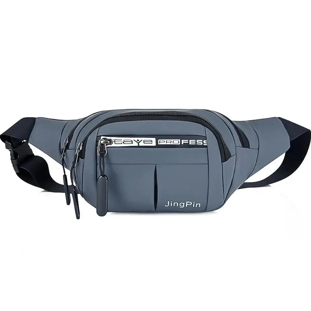 Waist bag fanny pack in grey-blue with multiple zip pockets and adjustable strap JingPin logo on Tampa Home & Garden Store