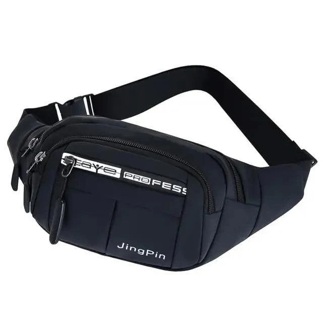 Waist pouch bag black with multiple zippers and adjustable strap JingPin logo on Tampa Home & Garden Store