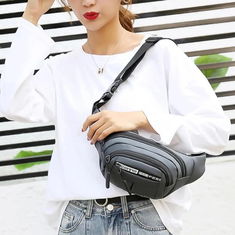 Stevvex black waist pouch bag hip pack with adjustable strap worn across the body on Tampa Home & Garden Store