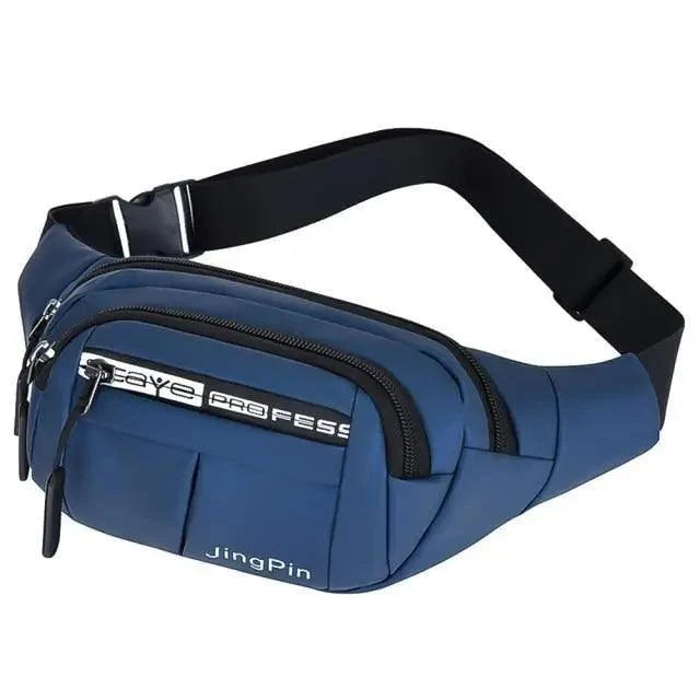 Blue waist pouch fanny pack with adjustable strap and zip pockets for travel and outdoors on Tampa Home & Garden Store