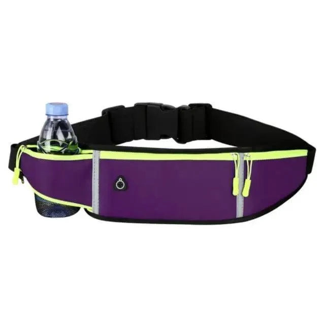Fanny pack waist bag by Stevvex with adjustable strap, purple body, neon lime zips, bottle pocket on Tampa Home & Garden Store