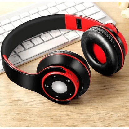 Stevvex over-ear wireless headset black and red, foldable with built-in controls on Tampa Home & Garden Store