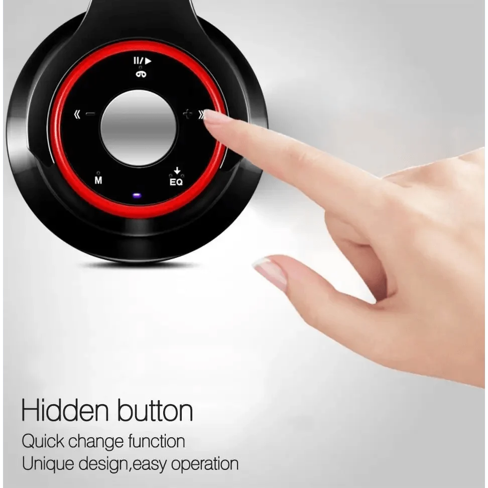 Stevvex black over-ear wireless headset with red circular control wheel and hidden button on Tampa Home & Garden Store