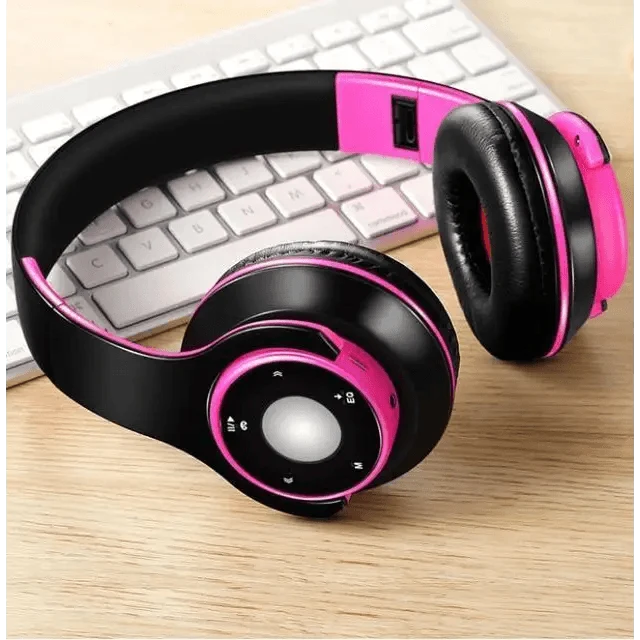 Stevvex over-ear Bluetooth headset with pink trim, black cups, foldable on Tampa Home & Garden Store