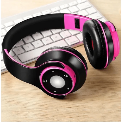 Stevvex over-ear Bluetooth headset with pink trim, black cups, foldable on Tampa Home & Garden Store