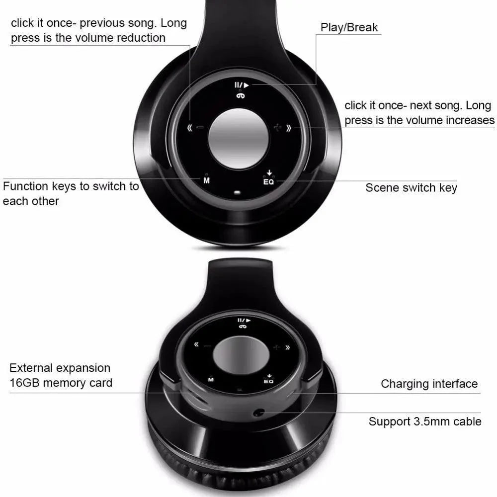 Stevvex wireless over-ear headset black foldable with TF card MP3/FM radio and 3.5mm cable on Tampa Home & Garden Store