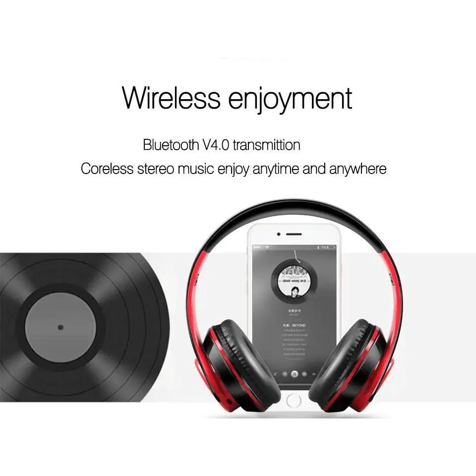 Stevvex over-ear wireless headset in black with red accents foldable for travel and calls on Tampa Home & Garden Store