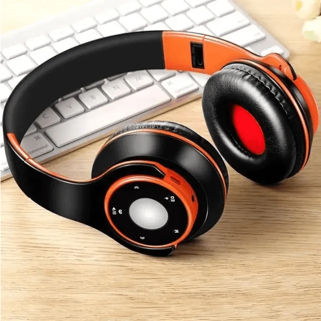 Stevvex over-ear wireless headset black and orange, foldable with adjustable headband on Tampa Home & Garden Store